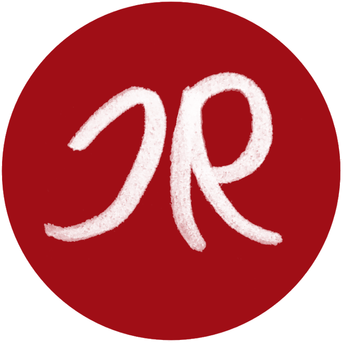 joanna redihough logo, initials in red circle